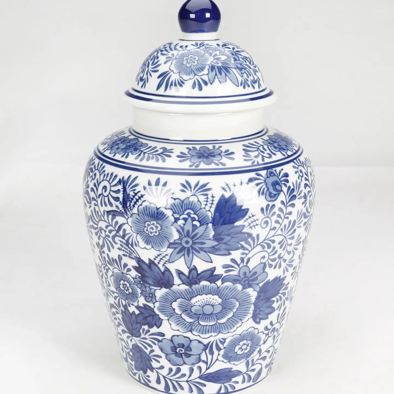 Blue and White Floral Ginger Jar - Delft Style Design