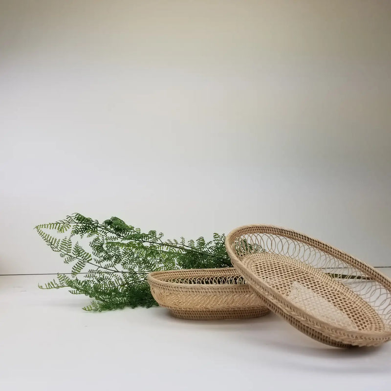 Oval Mesh Caning Spiral Rattan Basket Dish