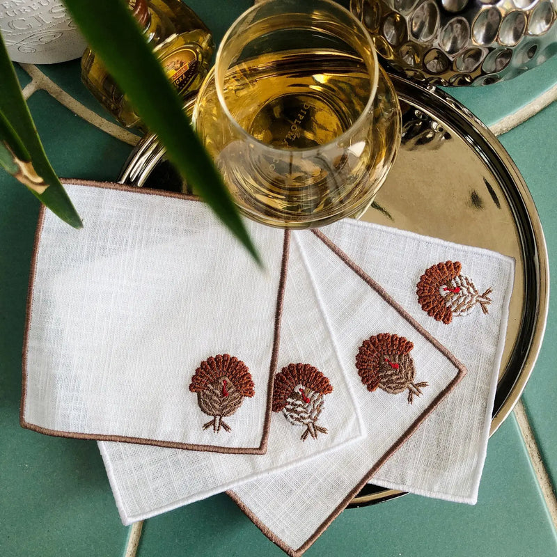 Thanksgiving Embroidered Turkey Cocktail Napkins