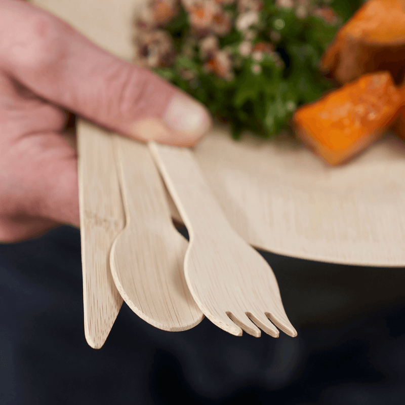 Disposable Bamboo Knife, Fork, and Spoon Set