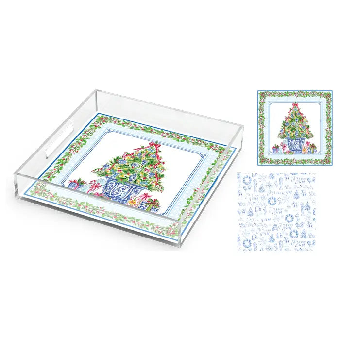 Christmas Tree w/ Blue Chinoiserie Acrylic Tray (12"x12")