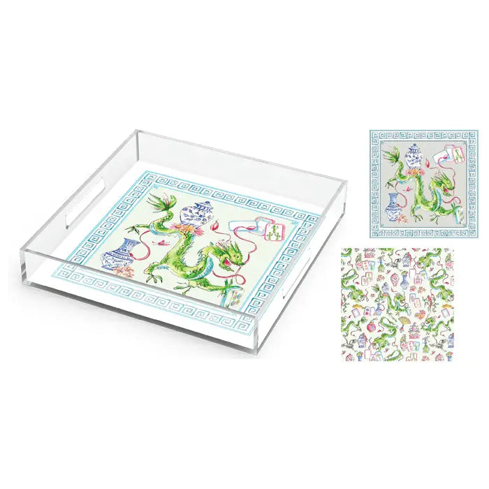 Dragon Blue Chinoiserie Mahjong Acrylic Tray (12"x12")