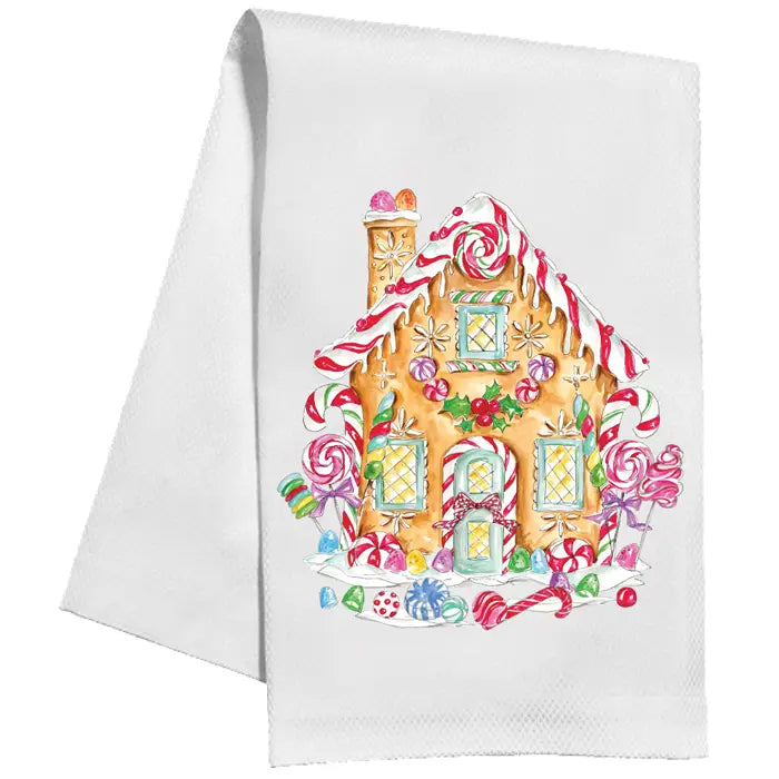 Pink Gingerbread House with Christmas Candy Kitchen Towel