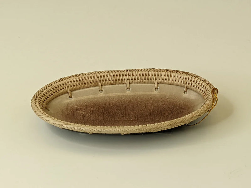 Brown 7" Oval Crackle Glazed Ceramic Basket Tray Dish