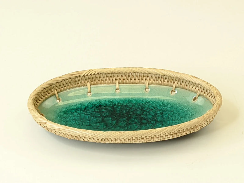 Green 7" Oval Crackle Glazed Ceramic Basket Tray Dish