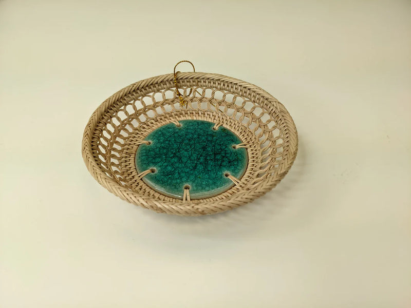 Green 7" Round Crackle Glazed Ceramic Basket Tray Dish
