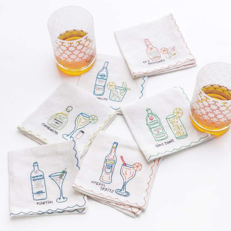 Mixed Drink Embroidered Linen Cocktail Napkins | Set of 6