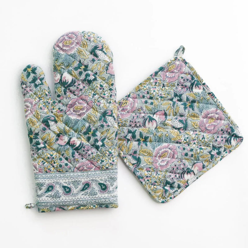 Pomegranate Garden Teal & Lilac Oven Mitt Set