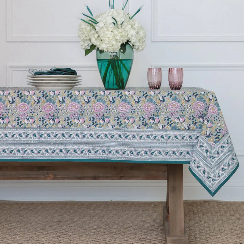 Pomegranate Garden Teal & Lilac 90" Round Tablecloth