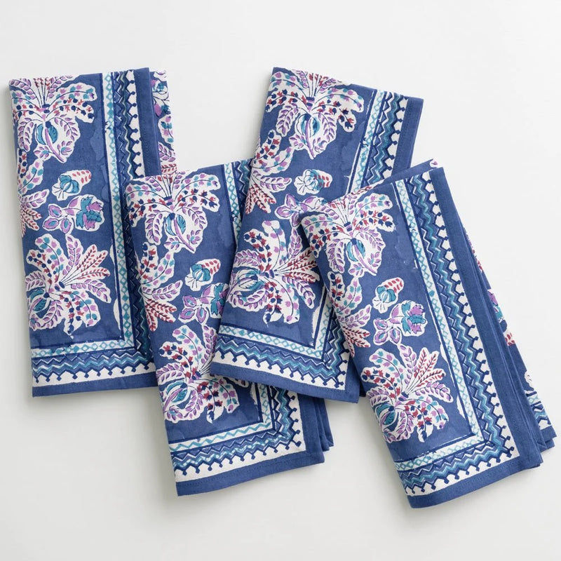 S/4 Grecian Palm Blue & Orchid Napkins