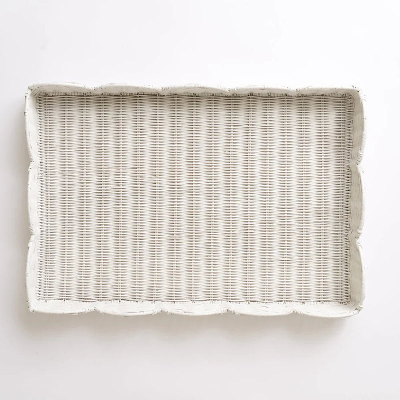 White Wicker Scalloped Rectangle Trays