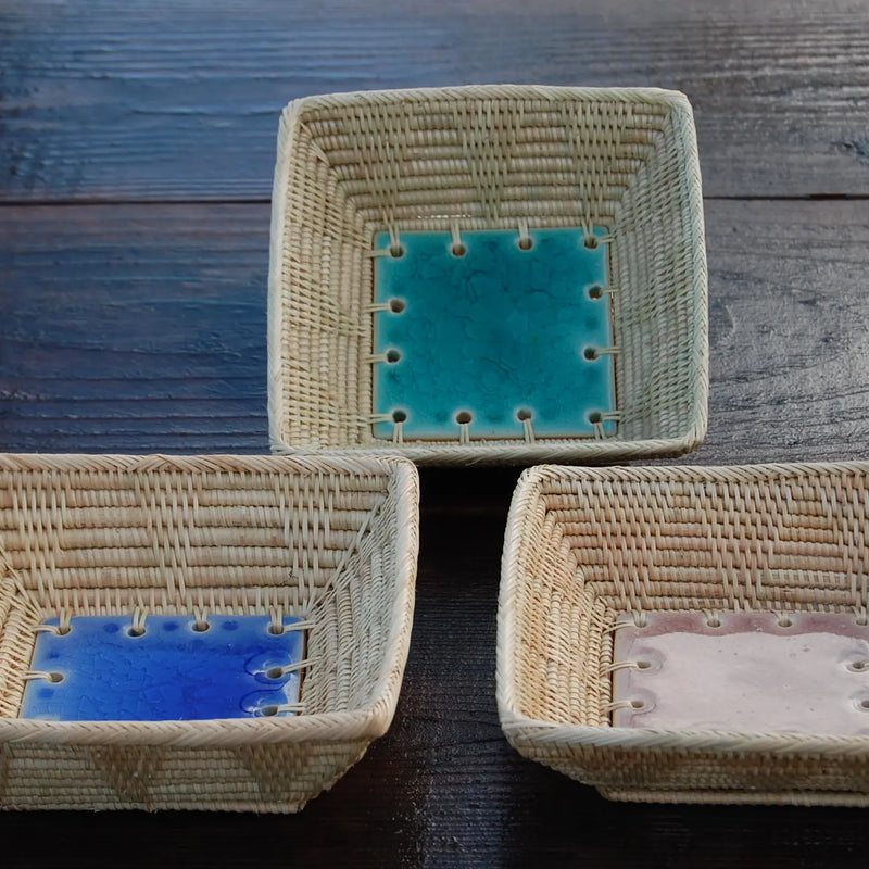 Blue 7" Square Crackle Glazed Ceramic Basket Tray Dish