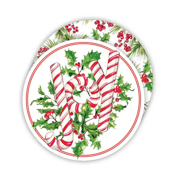 Candy Cane Joy with Holly and Berries Round Coaster