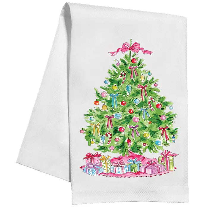 Christmas Tree Colorful Ornaments Bows Pink Kitchen Towel